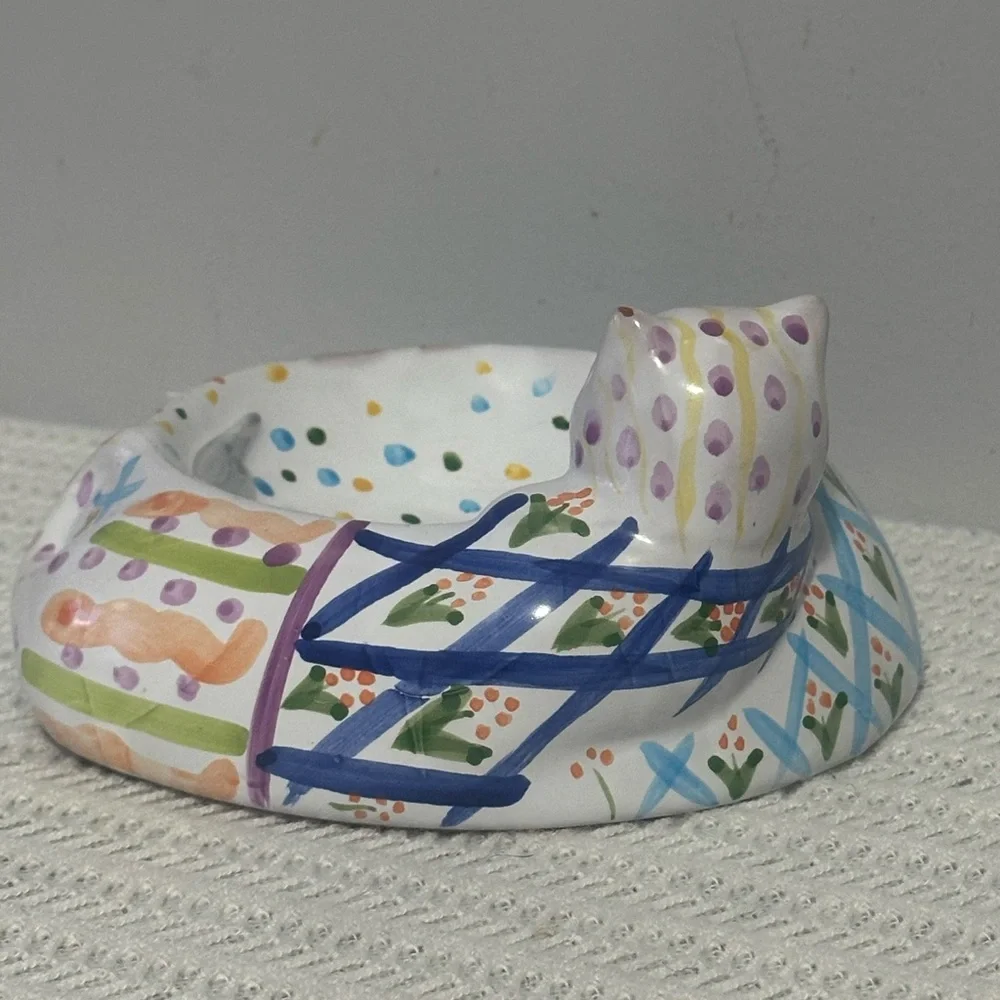Handcrafted Ceramic Cat Bowl - White and Blue